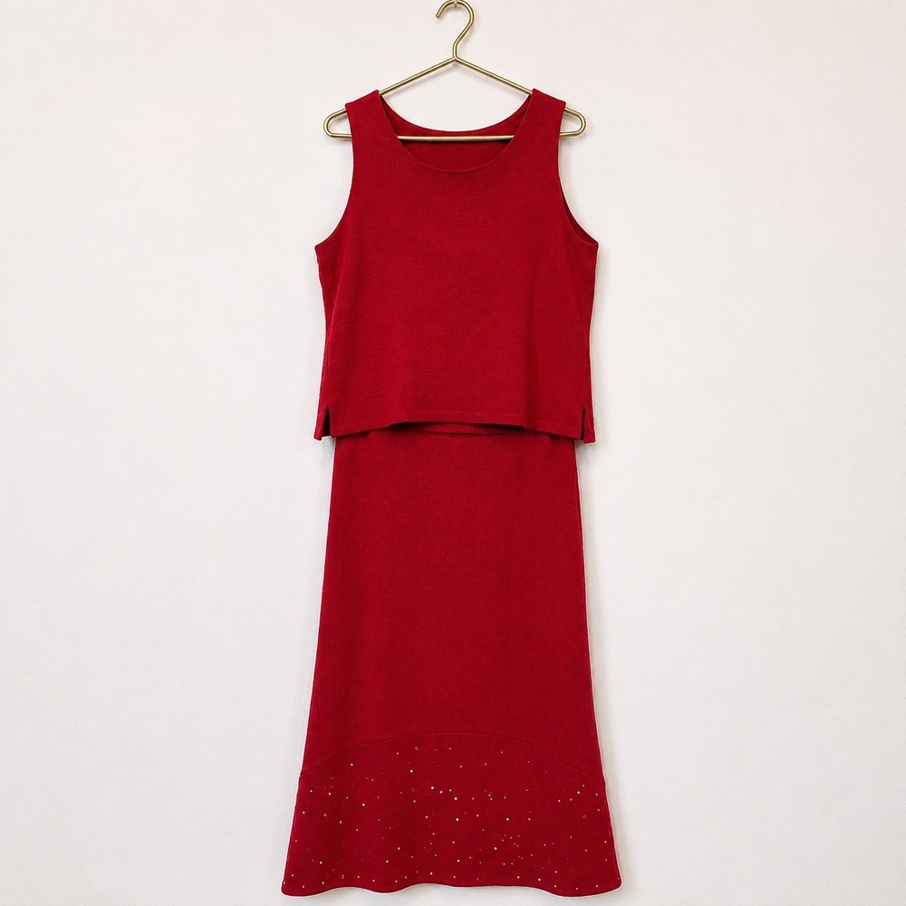 Vintage Wool Women's L Holiday‎ Set Red Rhinestone Sleeveless Top and Skirt